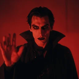 photo of vampire behind red glass facing the camera, dark horror, cinematic, cinestill 400 t film
