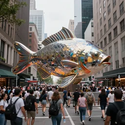 an street photograph of a giant metallic fish sculpture in the center of a new york street, a large crowd have gathered, by Claes Oldenburg and jeff koons, pop art, 3D render, Volumetric dynamic lighting, Highly Detailed, Cinematic Lighting, Unreal Engine, 8k, HD