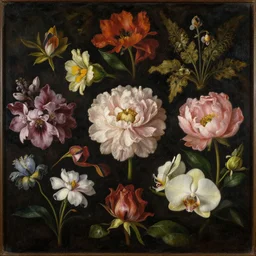 oil painting of many various flowers on a dark background, painted by Sandro Botticelli, the flowers are floating and are seen from the side, dark atmosphere, realistic flowers oil painting