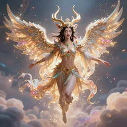 a beautiful female human god of animals character, character is in all its glory, character is centered on the image, character is flying, rim lights, magic in the air, fancy clouds, highly detailed professional photo, dynamic lights, particles are flying, depth of field, trending on artstation, illustration, hyper realistic, vray caustics, super detailed, colorful accents, cinematic shot
