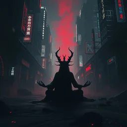dark cyberpunk urban environment druid meditating - conjuction, by renato muccillo and andreas rocha and eddie mendoza, trending on artstation hq, deviantart, unreal engine 5, 4 k uhd image, only dark red and black and white colour spectrum, high contrast