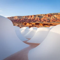 alien city featuring smooth white structures, antelope canyon backdrop, 4 k wallpaper