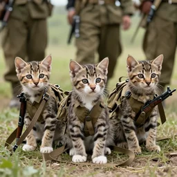 a platoon of Vietnam era war kittens holding rifles.
