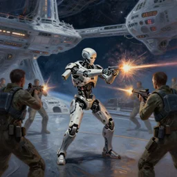 a damaged cyborg in a shootout with boarders on a gleaming space ship, wide shot, oil paint