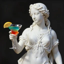a white reneissance statue holding a coctail, medium shot, colorful coctail, digital painting, cgi render