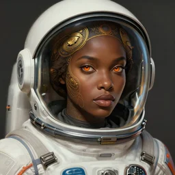 portrait of very very very very very very beautiful african woman, spacesuit, orange eyes, intricate, elegant, highly detailed, digital painting, artstation, concept art, smooth, sharp focus, illustration, art by artgerm and greg rutkowski and alphonse mucha