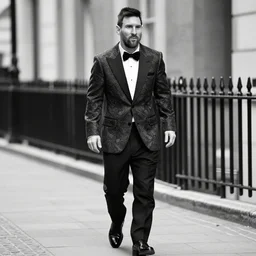 leonel messi walking down the street in 1 8 0 0 s london wearing a beautiful man suit, highly detailed, black and withe