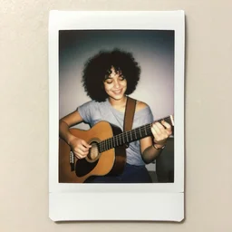 short brune curly 2 0 - year old woman, playing guitar, smiling, polaroid photo on a wall, highly realistic