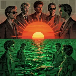 the sun rising just above the horizon over the sea by dan mumford and tim hildebrandt and donato giancola and ted withers and peter driben and greg rutkowski and roberto ferri, green water, synthwave, retrowave, highly detailed, high contrast, intricate details, blended palette, trending on art station, stunning visuals, creative, cinematic
