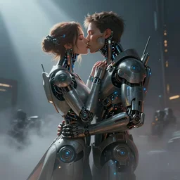 ultra realistic medium shot of a couple of cyborgs kissing, lovers, cyberpunk, sci - fi, fantasy, kodak, colour led lighting, soft light, volumetric lighting, fog, rays, night, intricate, highly detailed, digital painting, concept art, smooth, sharp focus, illustration, art by artgerm and greg rutkowski and alphonse mucha