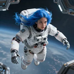 beautiful futuristic himba astronaut girl, robotic arms, blue hair, weightless, space station, hyperrealistic, scifi, concept art, photograph