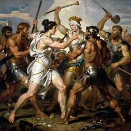 muscular warrior women, amazonian warrior women, women fighting men, muscular men, roman warrior men, clashing in bloody field, art by jacques - louis david