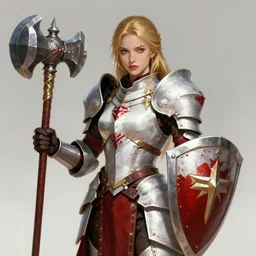 gorgeous female Paladin, beautiful face, mace and shield, dark golden hair, White and red armor, crusade, trending on Artstation artstationHD, artstationHQ, cgsociety, extremely detailed, low fantasy, matte painting