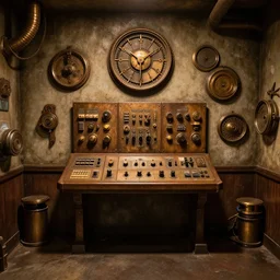 room with control panels in the middle, round things on the wall, in steampunk style
