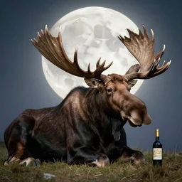 crowned queen moose with massive horns lying under full moon, wine label
