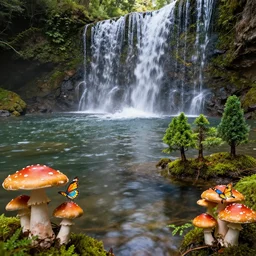 pond with waterfalls and mushrooms with butterflies and mini trees