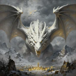 adult white dragon head, muscular, massive wings, wide angle, greg rutkowski, drark, marvel comics, dark, plutus su, chris scalf, lucas graciano, billy christian, symmetrical, snowy mountains, small city, grey and gold color palette, painting, d & d, fantasy, storm clouds