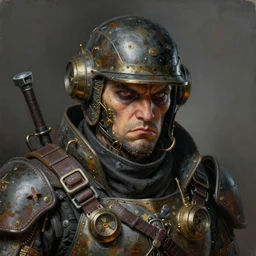 portrait painting of a scowling dieselpunk mercenary, sharp focus, award - winning, trending on artstation, masterpiece, highly detailed, intricate. art by josan gonzales and moebius and deathburger