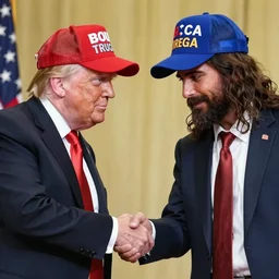jesus christ wearing a maga hat and shaking donald trumps hand