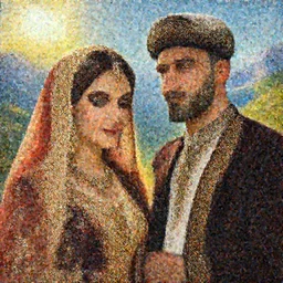 A beautiful Kurdish wedding with a beautiful kurdish bride and a handsome kurdish bridegroom, photo realistic painting, trending on Artstation, highly detailed, insanely detailed, award  winning art, realistic beautiful faces, ornate, perfect lighting, sun shining,, mountains in the background,