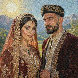 A beautiful Kurdish wedding with a beautiful kurdish bride and a handsome kurdish bridegroom, photo realistic painting, trending on Artstation, highly detailed, insanely detailed, award  winning art, realistic beautiful faces, ornate, perfect lighting, sun shining,, mountains in the background,