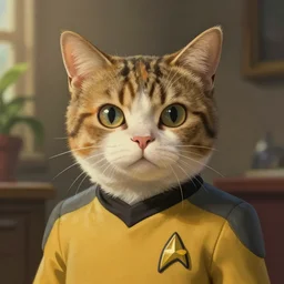 cute star trek officer scarred cat, natural lighting, path traced, highly detailed, high quality, digital painting, by don bluth and ross tran and studio ghibli and alphonse mucha, artgerm