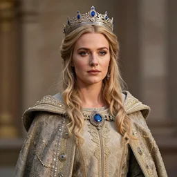 portrait photograph of a real-life extremely beautiful!! young adult nordic queen with ornate cloak and crown, looking at the camera!!. Extremely detailed. 8k
