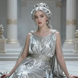 cinestill 5 0 d portrait of a beautiful dreamy woman by annie liebovitz, sitting in a hyper detailed ancient greek palace, pale silver tonal glossy, hair intricate style, wearing are intricate ancient roman dress, elegant, highly detailed, soft foggy blur, artstation, sharp focus, head in focus,