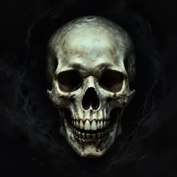 a scary skull emerging from the darkness, digital art, horror