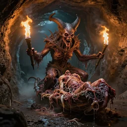 airbrush frayed yaw baphomet, sewage tunnels with primitive flesh raft, evil flesh, syd mead, enric torres, alberto bontempi, feng zu hyper realism, narrative light, muted colors, epic, hyper detailed, awe inspiring, award winning horror, torch lighting, hyper realism, cinematical