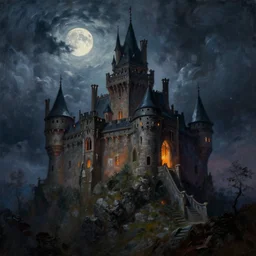 a beautiful painting of dracula's castle in a storm, volumetric lighting, moonlit by greg rutkowski and kalin popov, trending on artstation, masterpiece,