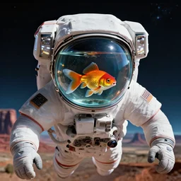 symmetric digital portrait, the astronauts are floating in space. the head is a fish tank, and there is a goldfish with its teeth exposed and smiling, monument valley, sharp focus, realistic scifi masterpiece, cinematic natural light, highly intricate details, 8 k, hdr, octane render