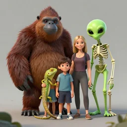 A family portrait at the zoo of a sasquatch, a human lizard, a green alien and a skeleton, photorealistic style, artstation, Greg rutkowski, digital Art,