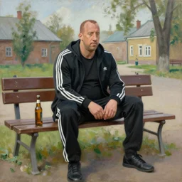 vin diesel in an q black adidas suite sits on a bench with a bottle of beer in the courtyard of a provincial russian town, oil on canvas, naturalism