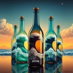 waves surf glass bottles by beeple, artgerm, salvador dali, bruce pennington, frank, stella, makoto shinkai, angus mckie, alex grey, don bluth, akira toriyama, chris moore, kaja foglio, andre masson, dr. suess, brian despain, chesley bonestell. symbolism, surrealism, artstation,