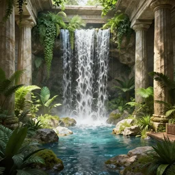 Waterfalls and plants in a ancient greek interior,unreal engine,3d render
