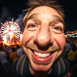 extreme close up with a fish eye lens at the glabella of a very happy man with fireworks and a carnival in the background