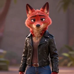 upper body portrait, ed 🟥 anthropomorphic female wolf 🐺, wearing a black ⬛ leather jacket and denim pants, detailed, unreal engine 5, cinema 4 d cinematic, artstation, in the style of zootopia