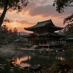 an extremely detailed render of abandoned japanese temple in the woods with lake, volumetric lighting, sundown, stunning skies, by Greg Rutkowski, trending on Artstation, 8k, photorealistic, hyper detailed, unreal engine 5, gloomy, foggy, cinematic, epic lighting