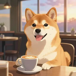 photorealistic Shiba Inu with coffee at a morning cafe, sunrise, anime key visual, digital art, anime screenshot, kyoto animation, makoto shinkai, trending on artstation