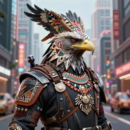 portrait pfp extremely fine detail bounty hunter neocyberpunk eagle in tribal regalia, on the street under skyline buildings and streets, an idea seep's into infinity highly detailed 3 d in volumetric latent space, cinematic light, sharp focus, divine realm of gods, octane render,