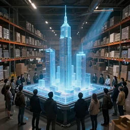large group people in a huge warehouse, gathered around a tabletop hologram of futuristic skyscrapers | cinematic concept art | godrays | 4 k | clear details