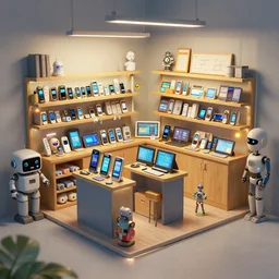 environment art of the interior of small 2 0 5 0 s microsoft shop, phones, tablets, robots and mannequins, by mandy jurgens and ian mcque trending on artstation, 4 k