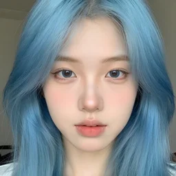 a pale girl with blue hair, soft facial features, round face, looking directly at the camera, neutral expression, instagram picture