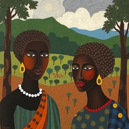 two african women, african forest in background, paul klee painting,