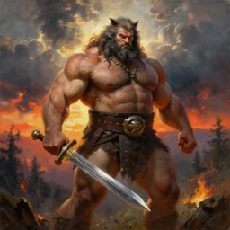 oversized muscular powerlifter wolf  as dangerous barbarian with long hair and chest armor and sword in epic pose and hard backlight from sunset  , very textured detailed oil painting panoramic backlight portrait by rembrandt, backlight, dramatic clouds, thunder storm and forest on fire  ,sun rays