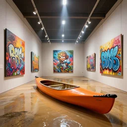 ( ( ( ( ( orange ) ) ) ) ) canoe flooded interior futuristic art gallery wide angle highly detailed by ricardo boffil, wall hanging paintings of grafitti art by saturno butto and wlod, captivating 8 k hdr, octane render godrays