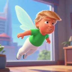 little ginger donald trump, wearing white pants and green shirt, floating in air in a room, fairy wings, closeup, modern city through window, concept art, artstation, disney, pixar, dreamworks, anime, tyler edlin, feng zhu, jparked, thomas karpi