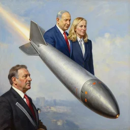 insanely detailed painting of benjamin netanyahu flying on a missle, by alex grey and norman rockwell
