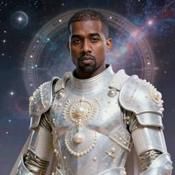 ( hyper realistic proportional stylization portrait of a techpunkk kanye west as a war of cleric in a futuristic pearl armor full of astral runes, the background is decorated with the universe ) by noah bradley, photorealistic, dynamic lighting, very detailed faces, trending on artstation, wallpaper, dream, 4 k, award winning, lovely pastel colors, ethereal, elegant